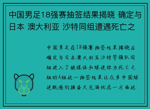 中国男足18强赛抽签结果揭晓 确定与日本 澳大利亚 沙特同组遭遇死亡之组